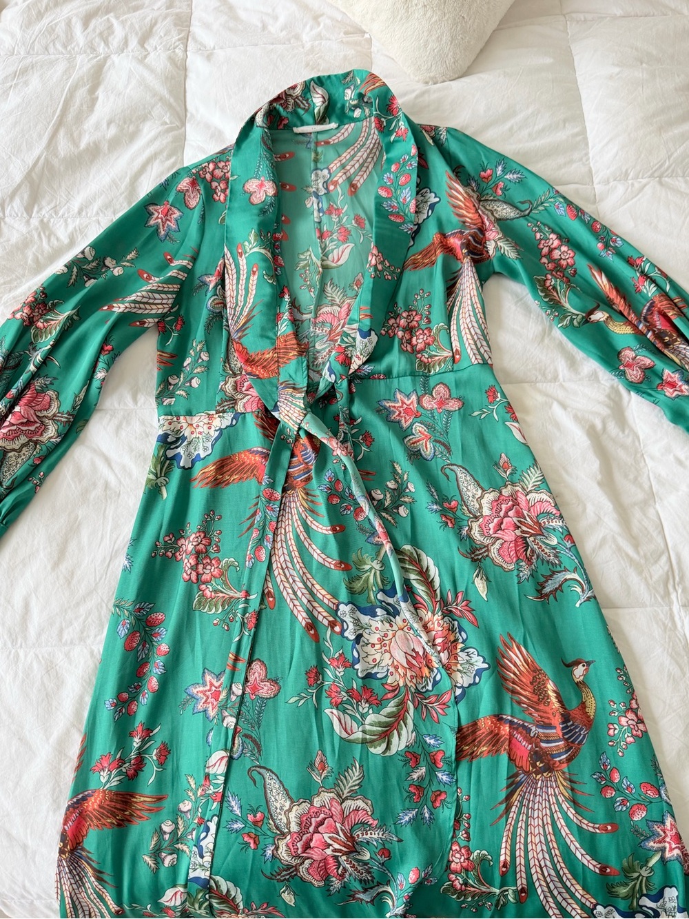 Mango Teal Green Floral & Bird Wrap Dress
